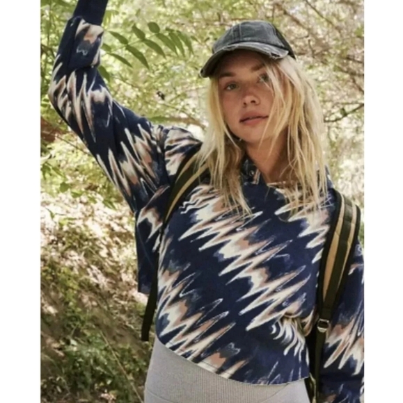 Free People Tops - Free People Movement Half Time Printed Hoodie Navy NWOT